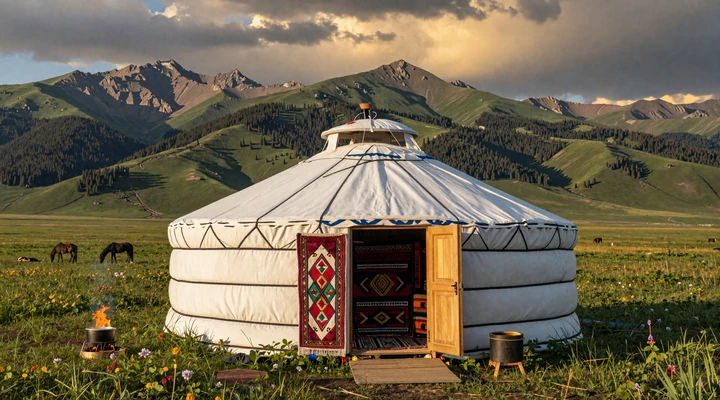 Traditional white Kyrgyz yurt on alpine meadow with Tien Shan mountains and colorful shyrdak carpets visible through doorway, representing nomadic hospitality in Kyrgyz dating culture