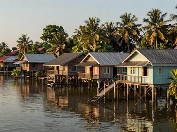 Kampong Ayer water village in Brunei with traditional stilt houses over river at golden hour, representing authentic Bruneian heritage and culture