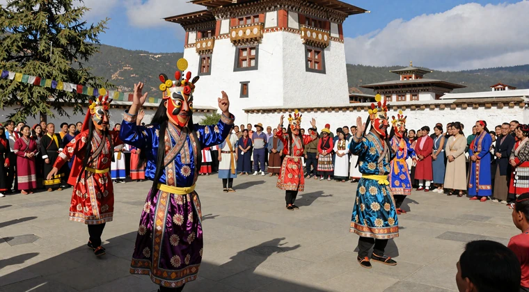 Colorful Tshechu masked dance festival at Bhutanese dzong courtyard with monks in silk costumes performing traditional Buddhist dances, an important social event in Bhutanese dating culture