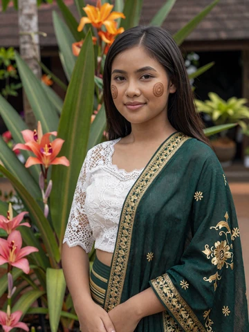 Burmese woman with traditional thanaka paste on cheeks wearing elegant green htamein longyi in tropical garden, representing authentic Myanmar dating profiles