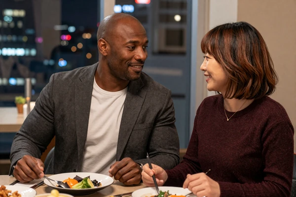 Michael and Soo-Min, American-Korean couple enjoying dinner in Seoul, dating platform success story