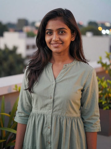 Indian woman in casual green dress at Pune rooftop garden, representing modern Indian dating profiles on iDatingZone