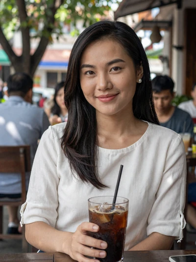 Linh, 24, Vietnamese woman from Ho Chi Minh City at an outdoor cafe ready for meaningful chat