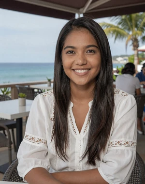 Maria, 25, Timorese woman from Dili in white lace blouse at oceanside cafe, seeking genuine international connection