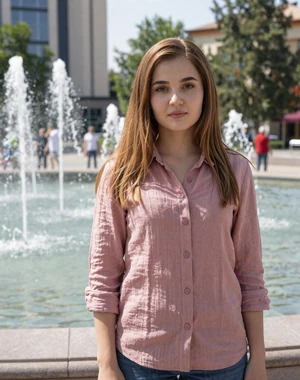 Saltanat, 27, athletic Kazakh woman from Aktobe in dusty rose shirt near modern fountain, interested in cross-cultural partnership
