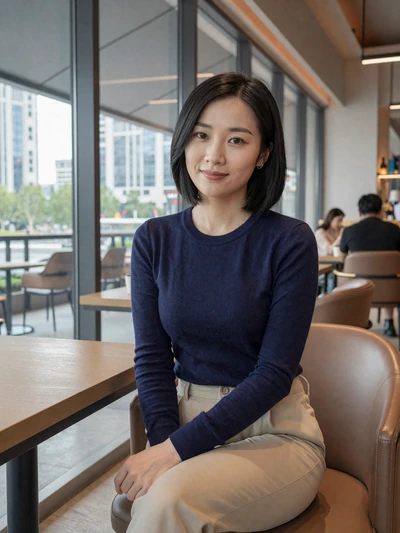 Xiaoli, 29, Chinese professional woman from Shanghai at modern cafe, interested in serious international relationship