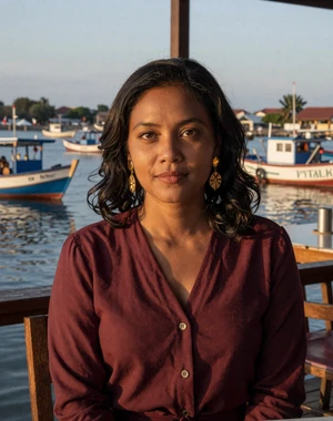 Celestina, 29, Timorese woman from Manatuto in burgundy blouse at waterfront restaurant with harbor view, seeking lifelong partner