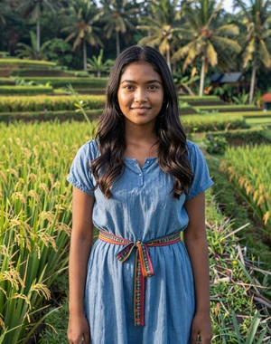 Josefina, 23, Timorese woman from Maliana in blue dress with tais belt amid green rice terraces, looking for meaningful relationship