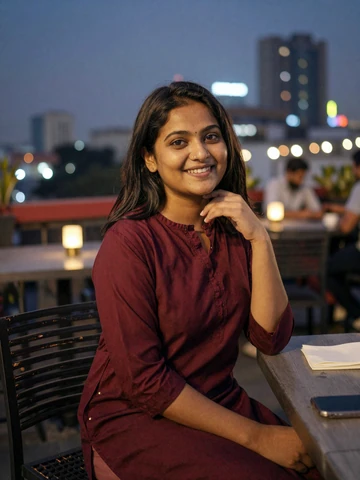 Bangladeshi woman at rooftop restaurant in Dhaka evening setting, representing modern Bengali dating scene on iDatingZone