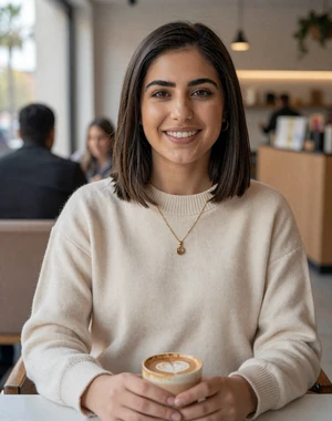 Dina, 28, Jordanian woman from Amman at modern cafe, seeking meaningful cross-cultural connection