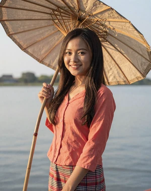 May Thu, 22, Burmese woman from Pathein under traditional parasol near Ayeyarwady river, interested in international dating