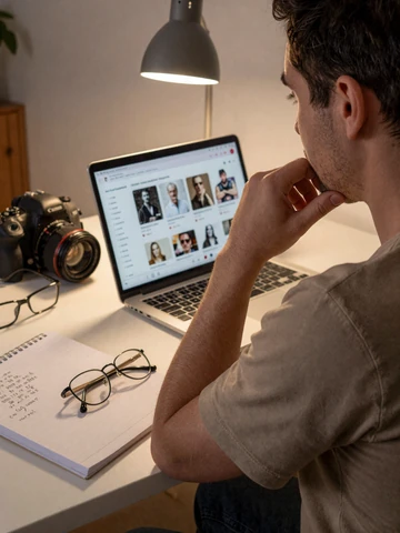 Man carefully reviewing dating profiles on a laptop with warm home office lighting demonstrating safe online dating habits