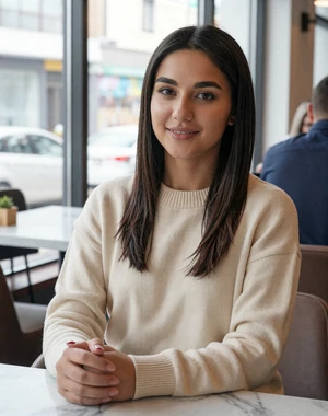 Aynabat, 25, Turkmen woman from Ashgabat in modern cafe, seeking meaningful cross-cultural connection