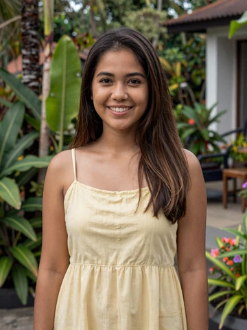 Filipina woman in casual yellow sundress smiling in tropical Manila garden, representing genuine Filipino dating profiles