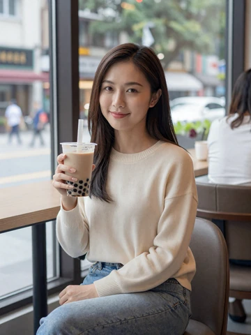 Taiwanese woman enjoying bubble tea at a modern Taipei cafe, representing genuine Taiwanese singles on iDatingZone