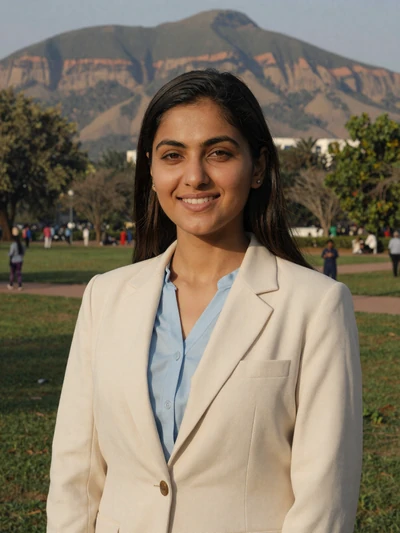 Hira, 30, Pakistani professional woman from Islamabad in park with Margalla Hills backdrop