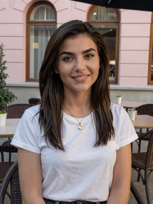 Lilit, 27, Armenian woman from Yerevan at cafe on Northern Avenue, seeking meaningful cross-cultural connection