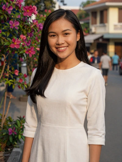 Linh, 25, Vietnamese woman from Ho Chi Minh City smiling on a sunny flower-lined street