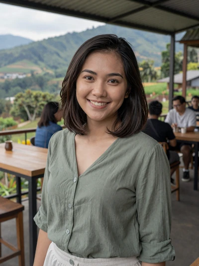 Rina, 29, Indonesian woman from Bandung in hillside cafe, looking for meaningful relationship
