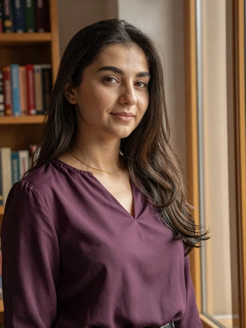 Tajik woman in elegant plum silk blouse near window with warm natural light, representing modern Tajik singles on iDatingZone