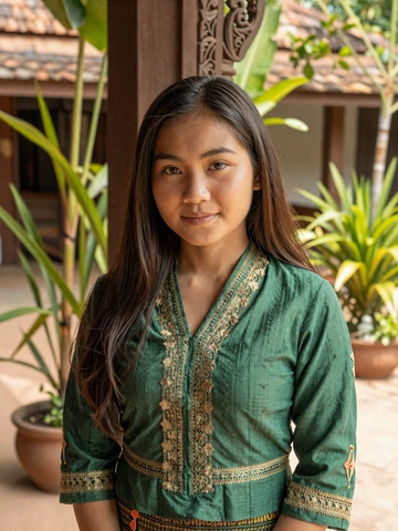 Laotian woman in jade green traditional blouse smiling in sunlit courtyard, representing genuine Lao dating profiles on iDatingZone