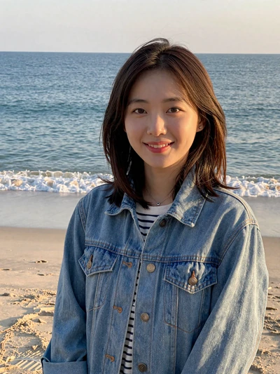 Jihye, 25, Korean woman from Busan at Haeundae Beach in denim jacket, interested in international dating