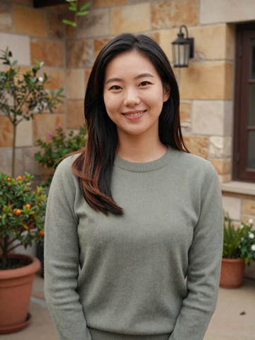 Korean heritage woman in sage green sweater smiling warmly in sunlit courtyard, representing verified North Korean heritage dating profiles