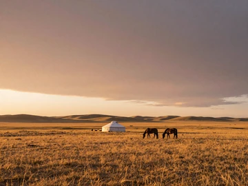 Golden Kazakh steppe at sunset with traditional yurt and horses grazing, representing the nomadic heritage central to Kazakh dating culture