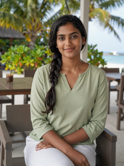Aminath, 25, Maldivian woman from Malé at waterfront cafe, seeking meaningful cross-cultural connection