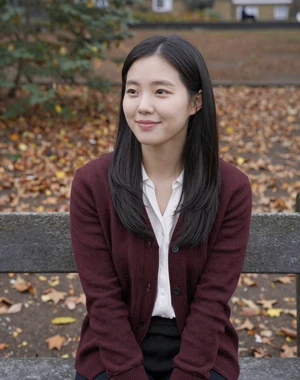 Haeun, 28, Korean heritage woman from London in autumn park setting, seeking committed partner for lasting relationship