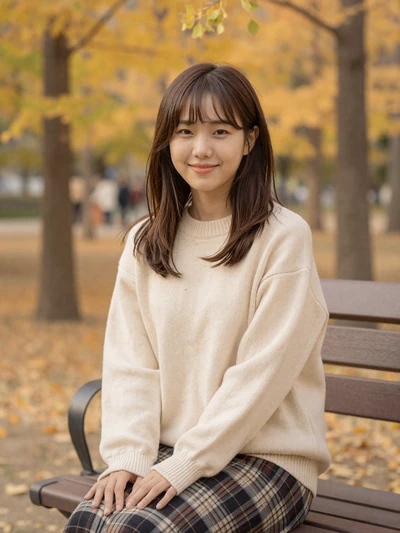 Hayoung, 24, Korean woman from Daegu in cream sweater at autumn park, open to meaningful international relationship