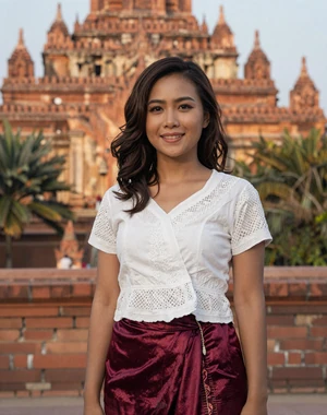 Phyu Phyu, 30, Burmese woman from Bagan with ancient temples in background wearing burgundy silk longyi, seeking committed partner