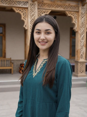 Kyrgyz woman in elegant teal blouse smiling in traditional courtyard with carved wooden patterns, representing genuine Kyrgyz dating profiles