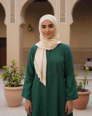 Huda, 27, Yemeni woman from Sana'a in traditional courtyard wearing emerald dress, seeking meaningful relationship