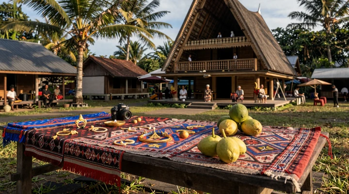 Traditional Timorese barlake ceremony display with colorful tais textiles and gold jewelry near sacred house, representing East Timor marriage customs