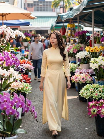 Vietnamese woman in modern ao dai-inspired dress walking through vibrant Saigon flower market, representing modern Vietnamese dating culture