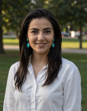 Sitora, 27, Uzbek woman from Fergana in white linen shirt at park, seeking committed partner