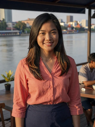 Souliyaphone, 25, Laotian woman from Vientiane at riverside cafe, seeking meaningful cross-cultural connection