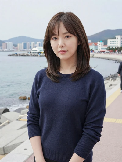 Hana, 31, Korean woman from Busan at a seaside promenade in a cozy navy sweater