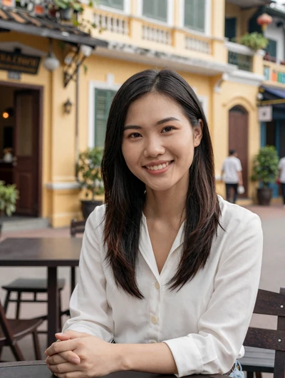 Thanh, 26, Vietnamese woman from Hanoi at sidewalk cafe, seeking meaningful international relationship
