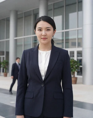 Dinara, 29, professional Kazakh woman from Astana in navy blazer in modern glass lobby, interested in serious international dating