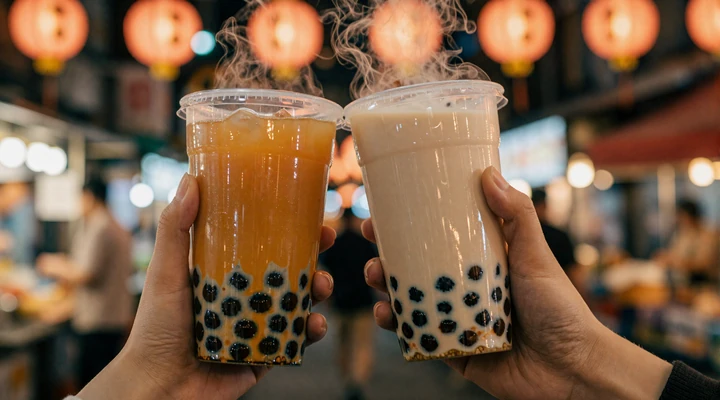 Two cups of Taiwanese bubble tea with tapioca pearls at a Taipei night market, representing Taiwan's iconic dating culture
