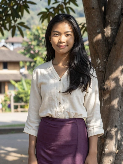 Khamla, 27, Laotian woman from Oudomxay under teak tree in northern hills, interested in cross-cultural relationship