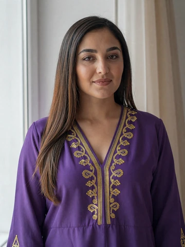 Turkmen woman in plum silk dress with gold embroidery near window with warm natural light, representing modern Turkmen singles on iDatingZone