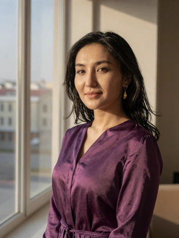 Kyrgyz woman in plum silk blouse near window with warm natural light, representing modern Kyrgyz singles on iDatingZone platform