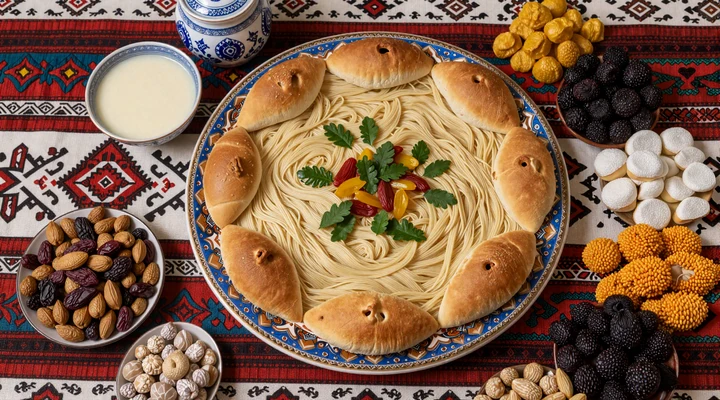 Traditional Kazakh dastarkhan feast table with beshbarmak, baursak bread, kumis, and dried fruits on embroidered tablecloth, representing Kazakh hospitality in dating culture