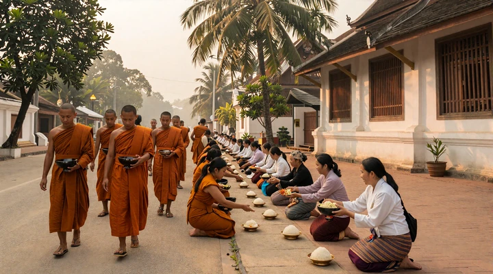 Early morning alms-giving ceremony with Buddhist monks and Laotian women in traditional sinh skirts on Luang Prabang street, reflecting Buddhist dating culture in Laos