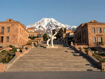 Yerevan Cascade complex with Mount Ararat in background at golden hour, representing rich Armenian cultural heritage for dating