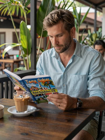 Western man researching travel plans at a Southeast Asian café before meeting his Asian partner