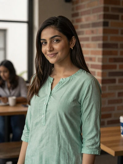 Ayesha, 27, Pakistani woman from Lahore in mint green tunic at modern cafe, seeking genuine relationship